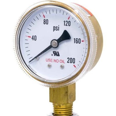 ENGINEERED SPECIALTY PRODUCTS, INC PIC Gauges 2" UNO Pressure Gauge, 1/4" NPT, Dry, 0/200 PSI, Lower Mount, 501D-UNO-204G 501D-UNO-204G